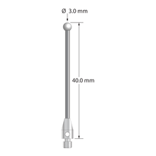 M3 stylus with 3.0 mm diameter zirconia ball, 1.5 mm diameter carbide shaft, and 4.0 mm diameter x 7.0 mm long stainless steel base. Overall stylus length is 40.0 mm. Stylus weight is 1.54 grams.