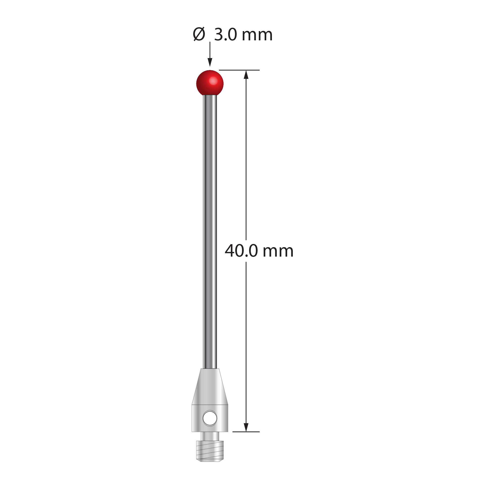 M3 stylus with 3.0 mm diameter ruby ball, 1.5 mm diameter carbide shaft, and 4.0 mm diameter x 7.0 mm long stainless steel base. Overall stylus length is 40.0 mm. Stylus weight is 1.54 grams. Compare to Zeiss 602030-8113-000.