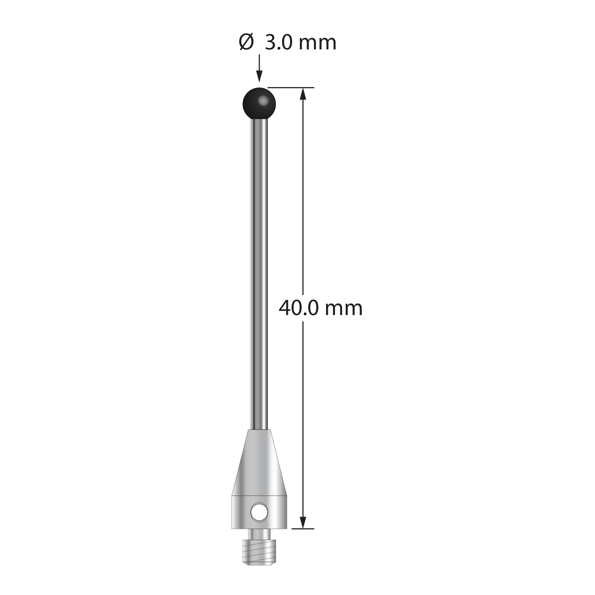 TM3-3040-DS1.5-TX-SN M3 stylus with 3.0mm silicon nitride ball, carbide stem, titanium base, 40mm long by Q-Mark Manufacturing, Inc.