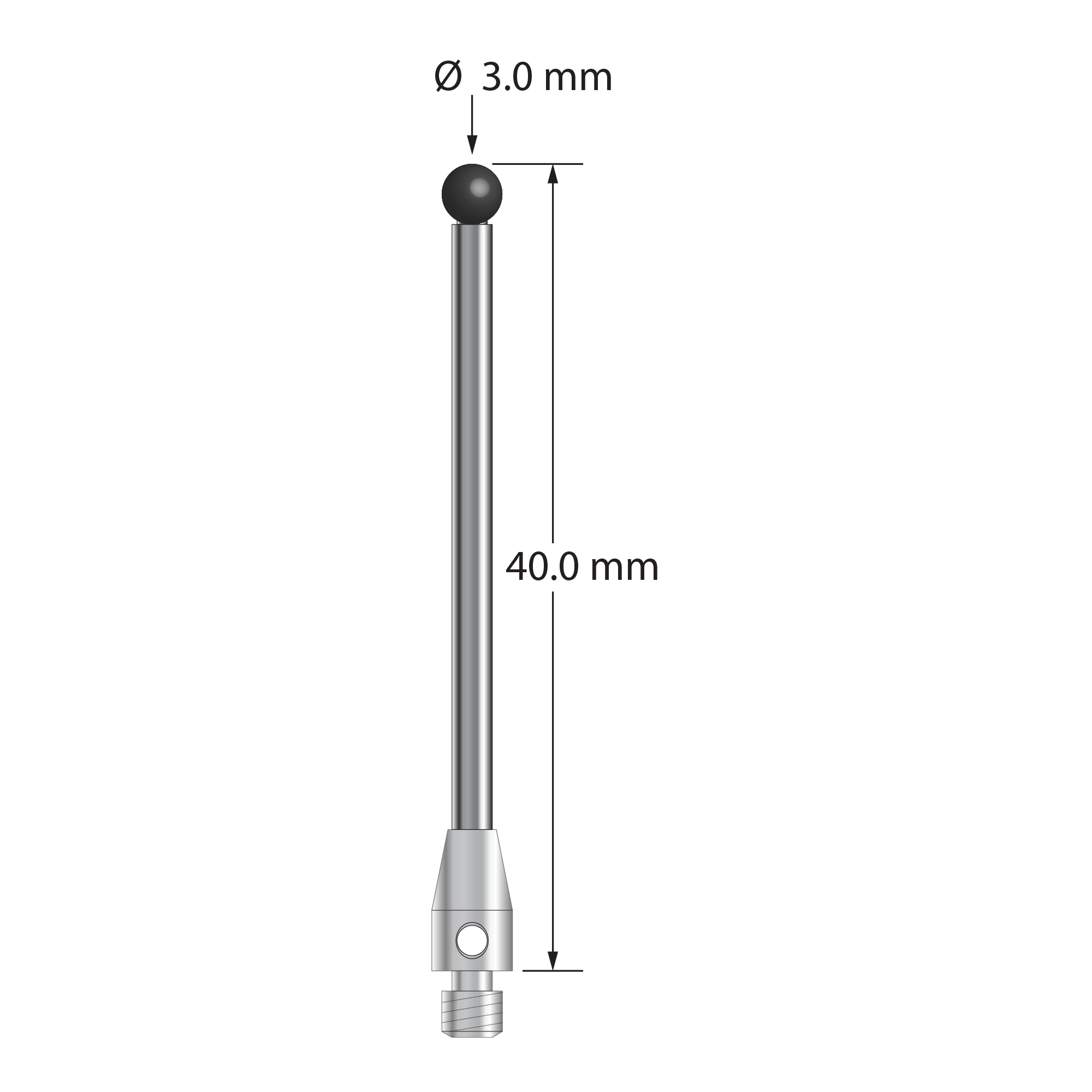 M3 stylus with 3.0 mm diameter silicon nitride ball, 2.0 mm diameter carbide stem, and 4.0 mm diameter x 7.0 mm long stainless steel base. Overall stylus length is 40.0 mm. Stylus weight is 2.02 grams.