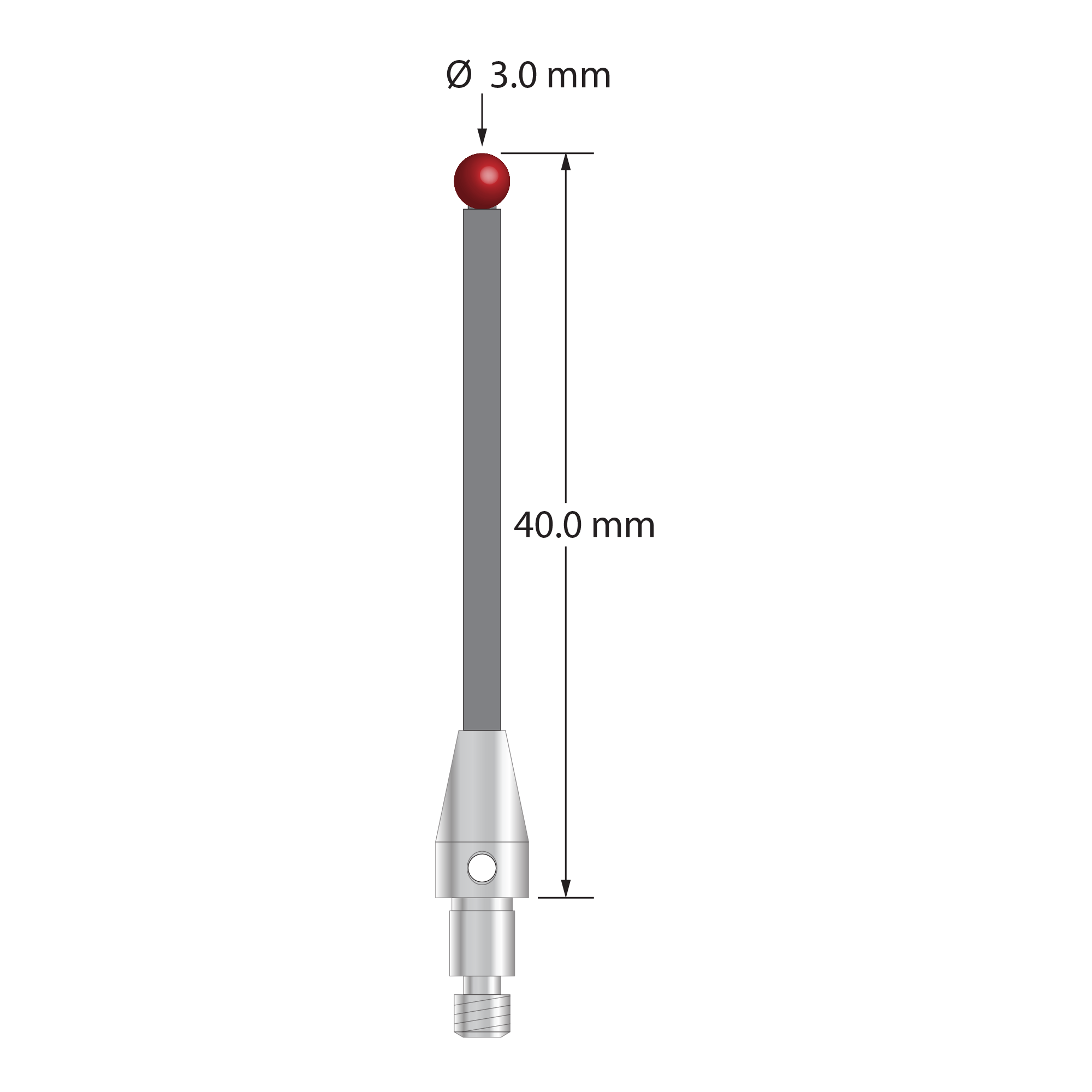 M3 XXT clamping stylus with 3.0 mm diameter silicon nitride ball, 2.0 mm diameter Therm-X carbon fiber stem, and 5.0 mm diameter x 9.0 mm long titanium base. Overall length is 40.0 mm. Stylus weight is 0.90 gram. Compare to Zeiss 626103-0311-040.