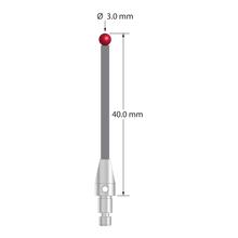 M3 XXT clamping stylus with 3.0 mm diameter ruby ball, 2.0 mm diameter Therm-X carbon fiber stem, and 5.0 mm diameter x 9.0 mm long titanium base. Overall length is 40.0 mm. Stylus weight is 0.90 gram. Compare to Zeiss 626103-0301-040.