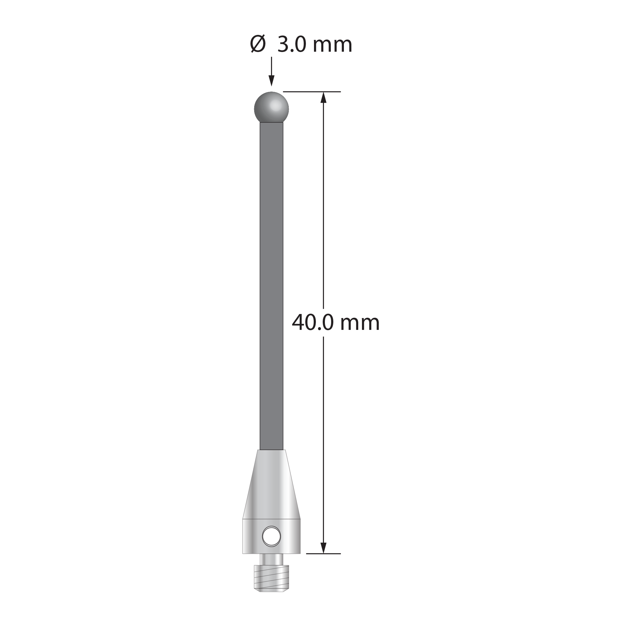 M3 XXT stylus with 3.0 mm diameter solid diamond sphere, 2.0 mm diameter carbon fiber stem, and 5.0 mm diameter x 9.0 mm long titanium base. Overall stylus length is 40.0 mm. Stylus weight is 0.64 gram. Compare to Zeiss 626103-0309-040.