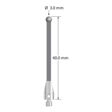 M3 XXT stylus with 3.0 mm diameter solid diamond sphere, 2.0 mm diameter carbon fiber stem, and 5.0 mm diameter x 9.0 mm long titanium base. Overall stylus length is 40.0 mm. Stylus weight is 0.64 gram. Compare to Zeiss 626103-0309-040.