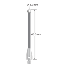 M3 XXT stylus with 3.0 mm diameter zirconia ball, 2.0 mm diameter carbon fiber stem, and 5.0 mm diameter x 9.0 mm long titanium base. Overall stylus length is 40.0 mm. Stylus weight is 0.64 gram.