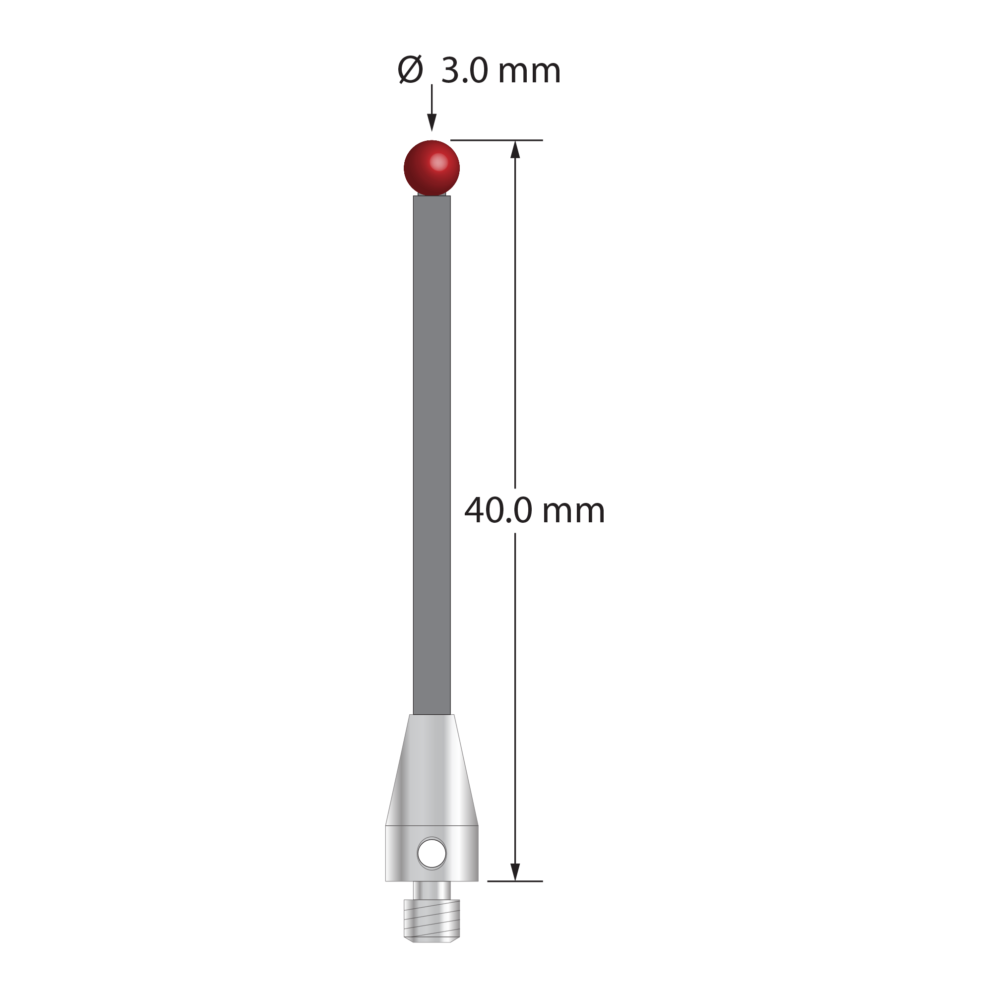 M3 XXT stylus with 3.0 mm diameter ruby ball, 2.0 mm diameter carbon fiber stem, and 5.0 mm diameter x 9.0 mm long titanium base. Overall stylus length is 40.0 mm. Stylus weight is 0.64 gram. Compare to Zeiss 626103-0300-040 and Renishaw A-5555-1251.