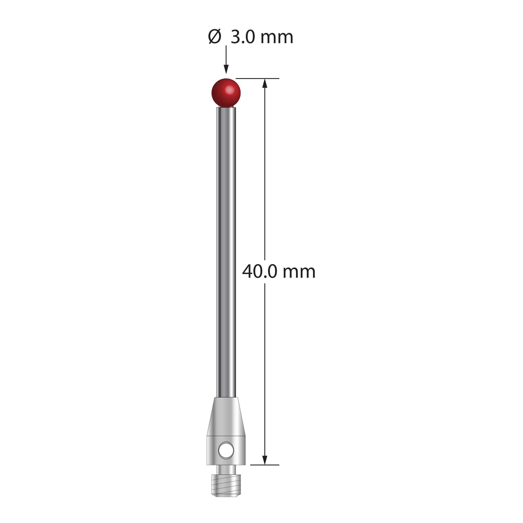 M3 stylus with 3.0 mm diameter ruby ball, 2.0 mm diameter carbide stem, and 4.0 mm diameter x 7.0 mm long stainless steel base. Overall stylus length is 40.0 mm. Stylus weight is 2.02 grams.