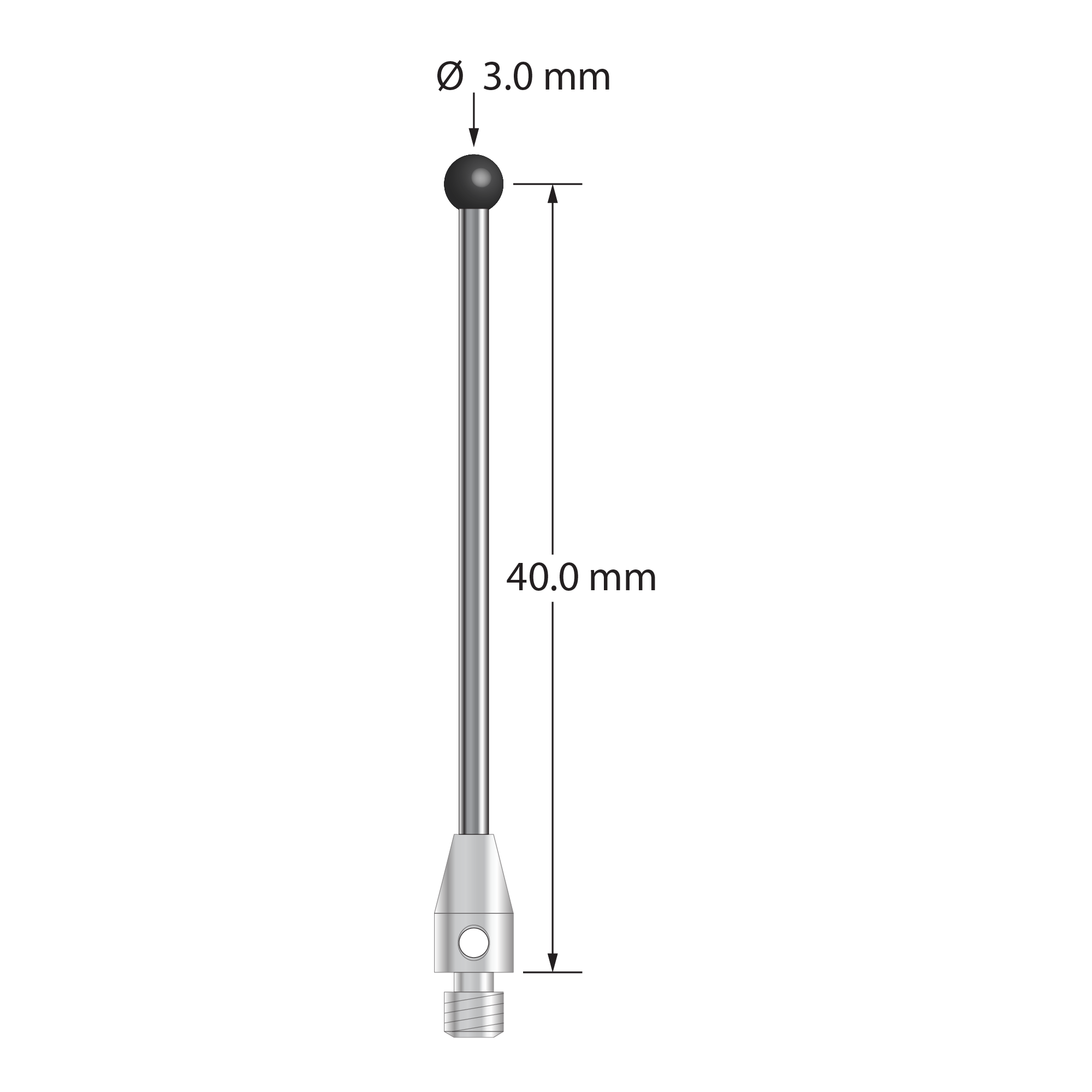M3 stylus with 3.0 mm diameter silicon nitride ball, 2.0 mm diameter carbide stem, and 4.0 mm diameter x 7.0 mm long stainless steel base. Stylus length to ball center is 40.0 mm. Stylus weight is 2.26 grams. Compare to Renishaw A-5004-1987.