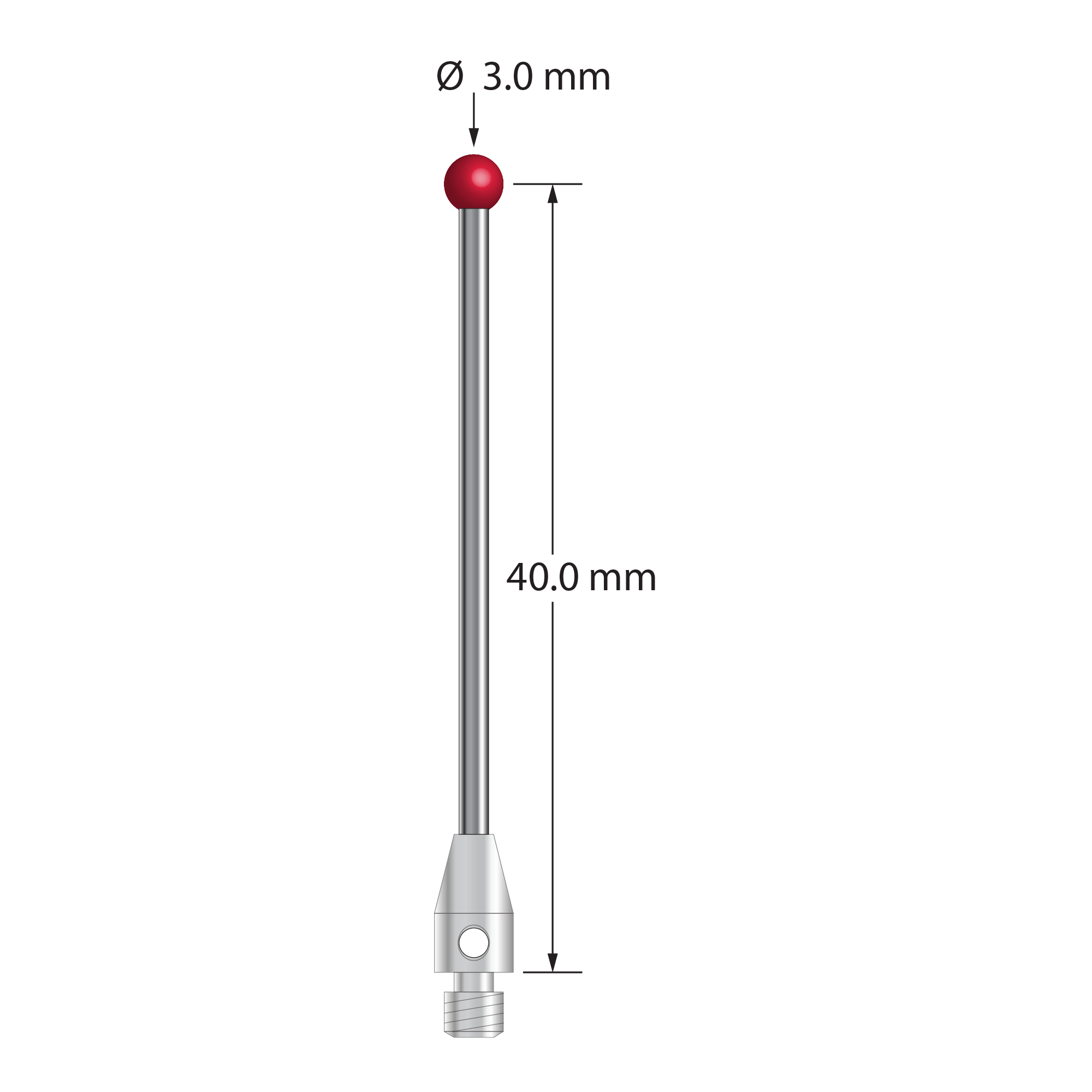 M3 stylus with 3.0 mm diameter ruby ball, 1.5 mm diameter carbide shaft, and 4.0 mm diameter x 7.0 mm long stainless steel base. Stylus length to ball center is 40.0 mm. Stylus weight is 1.58 grams.