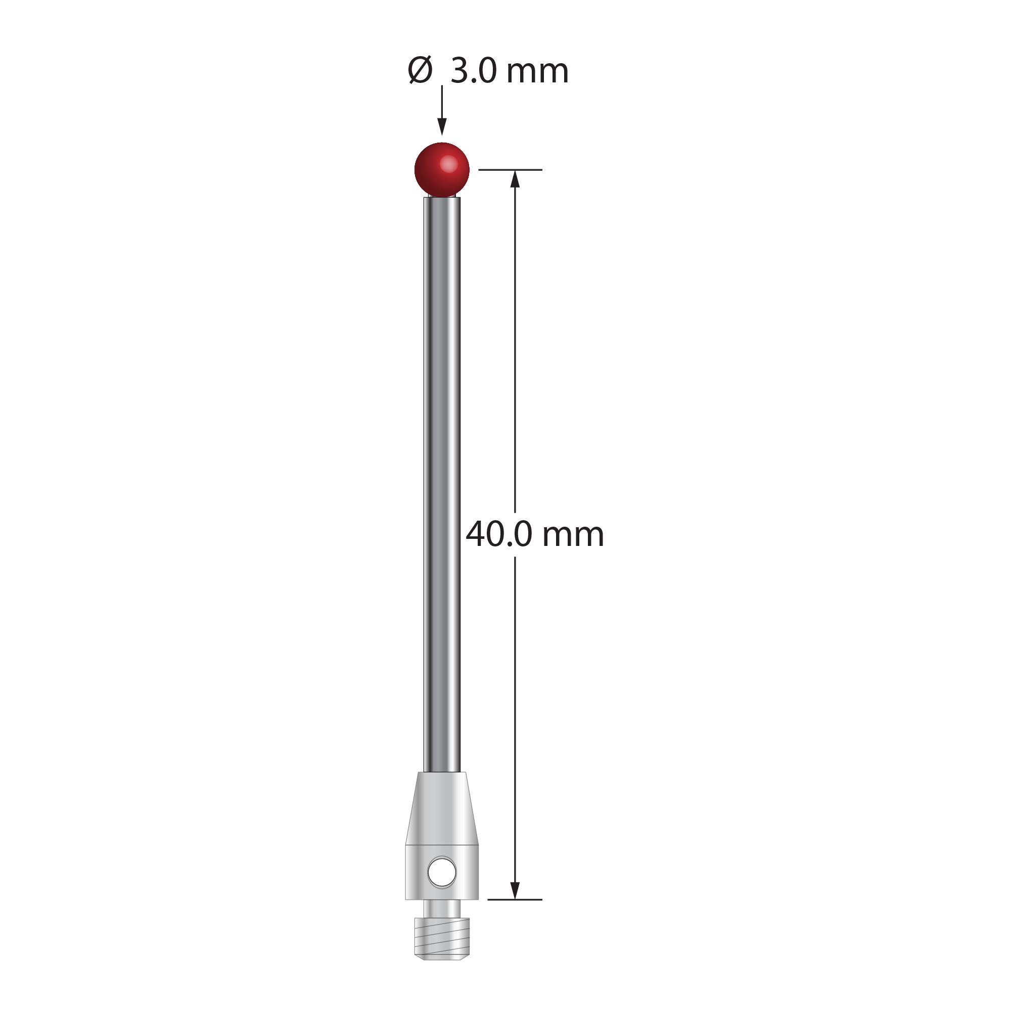 M3 stylus with 3.0 mm diameter ruby ball, 2.0 mm diameter carbide stem, and 4.0 mm diameter x 7.0 mm long stainless steel base. Stylus length to ball center is 40.0 mm. Stylus weight is 2.26 grams. Compare to Renishaw A-5003-0058, Hexagon 03969343, and Mitutoyo K651129.