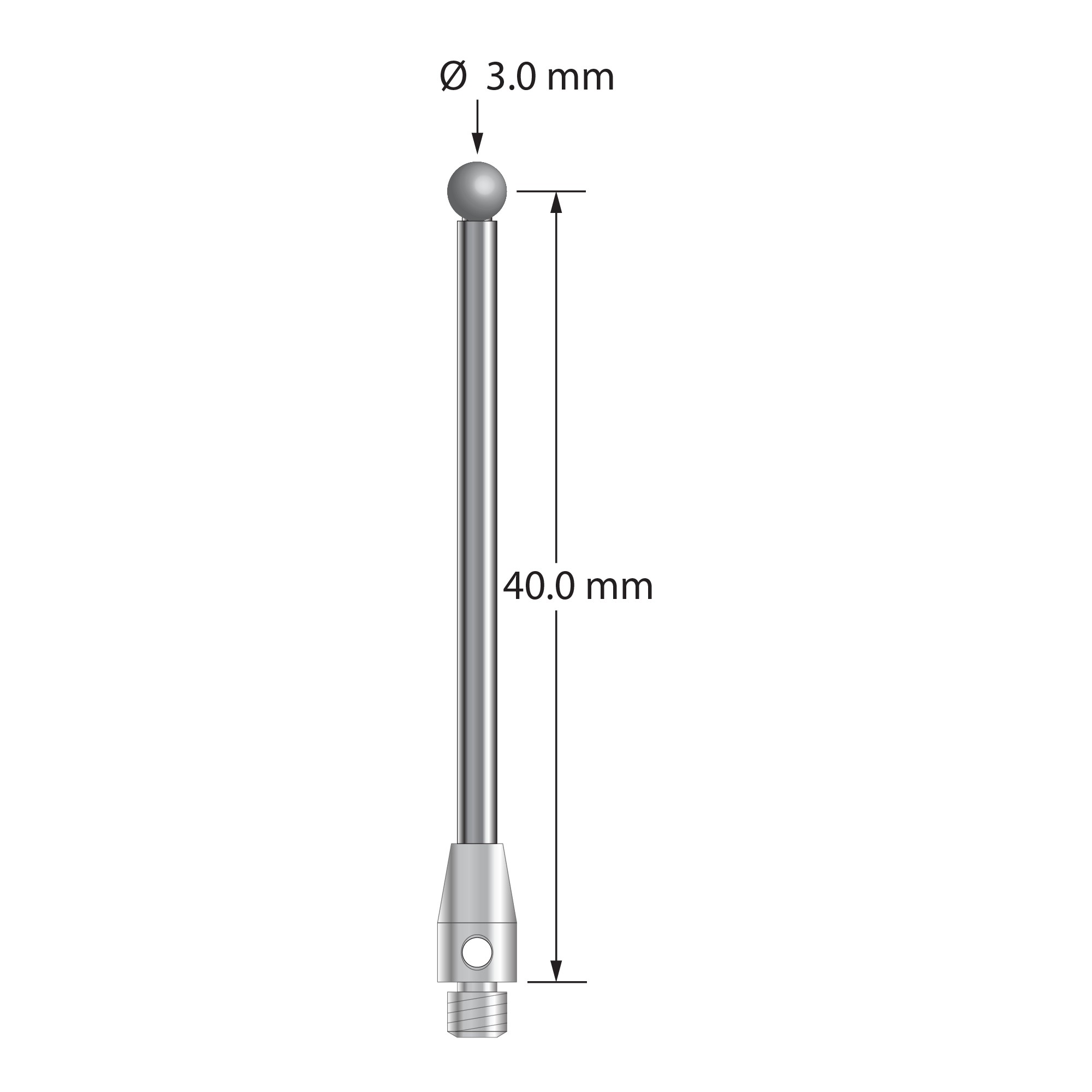 TM3-3041.5-D M3 stylus with 3.0mm solid diamond sphere, carbide stem, and stainless steel base.