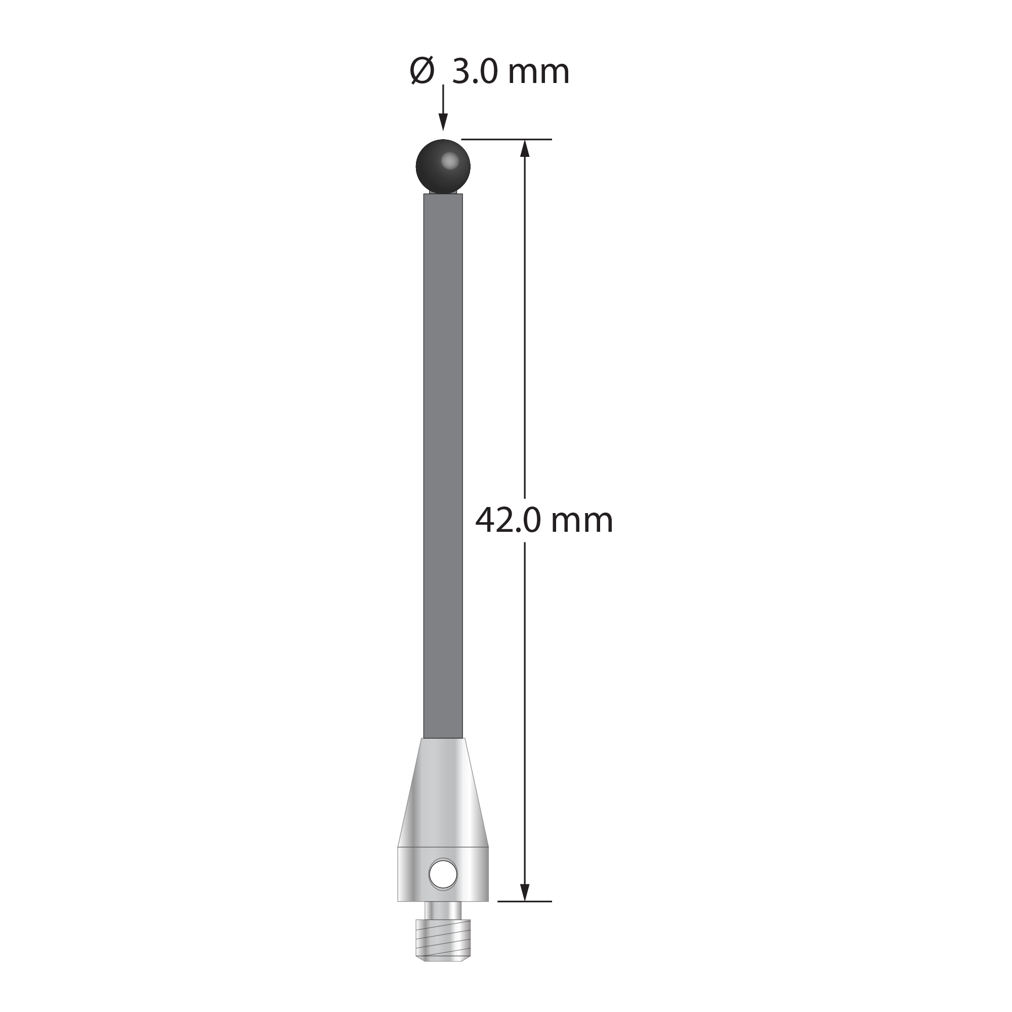 M3 XXT stylus with 3.0 mm diameter silicon nitride ball, 2.0 mm diameter carbon fiber stem, and 5.0 mm diameter x 9.0 mm long titanium base. Overall stylus length is 40.0 mm. Stylus weight is 0.64 gram. Compare to Zeiss 626103-0305-040.
