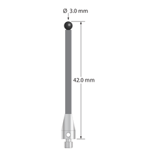M3 XXT stylus with 3.0 mm diameter silicon nitride ball, 2.0 mm diameter carbon fiber stem, and 5.0 mm diameter x 9.0 mm long titanium base. Overall stylus length is 40.0 mm. Stylus weight is 0.64 gram. Compare to Zeiss 626103-0305-040.