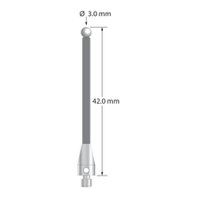 M3 XXT stylus with 3.0 mm diameter zirconia ball, 2.0 mm diameter carbon fiber stem, and 5.0 mm diameter x 9.0 mm long titanium base. Overall stylus length is 42.0 mm. Stylus weight is 0.65 gram.