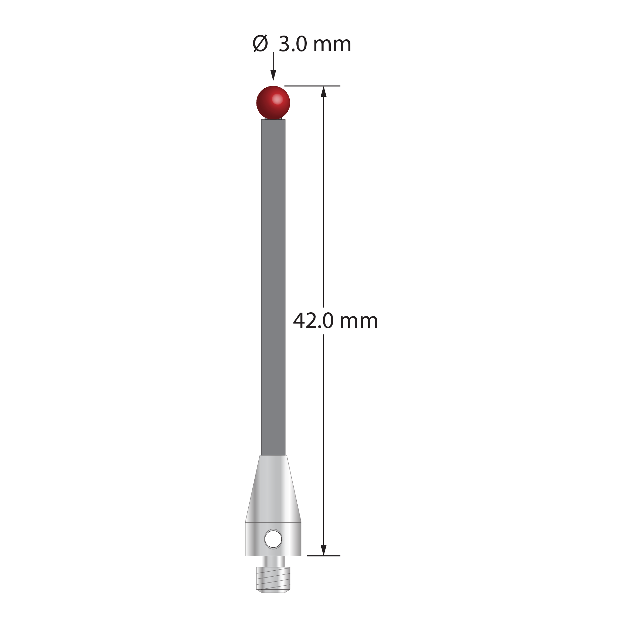 M3 XXT stylus with 3.0 mm diameter ruby ball, 2.0 mm diameter carbon fiber stem, and 5.0 mm diameter x 9.0 mm long titanium base. Overall stylus length is 42.0 mm. Stylus weight is 0.65 gram. Compare to Zeiss 626103-0300-042 and Renishaw A-5004-1884.