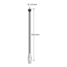 M3 stylus with 3.0 mm diameter silicon nitride ball, 2.0 mm diameter carbide shaft, and 4.0 mm diameter x 7.0 mm long stainless steel base. Overall stylus length is 50.0 mm. Stylus weight is 2.58 grams.