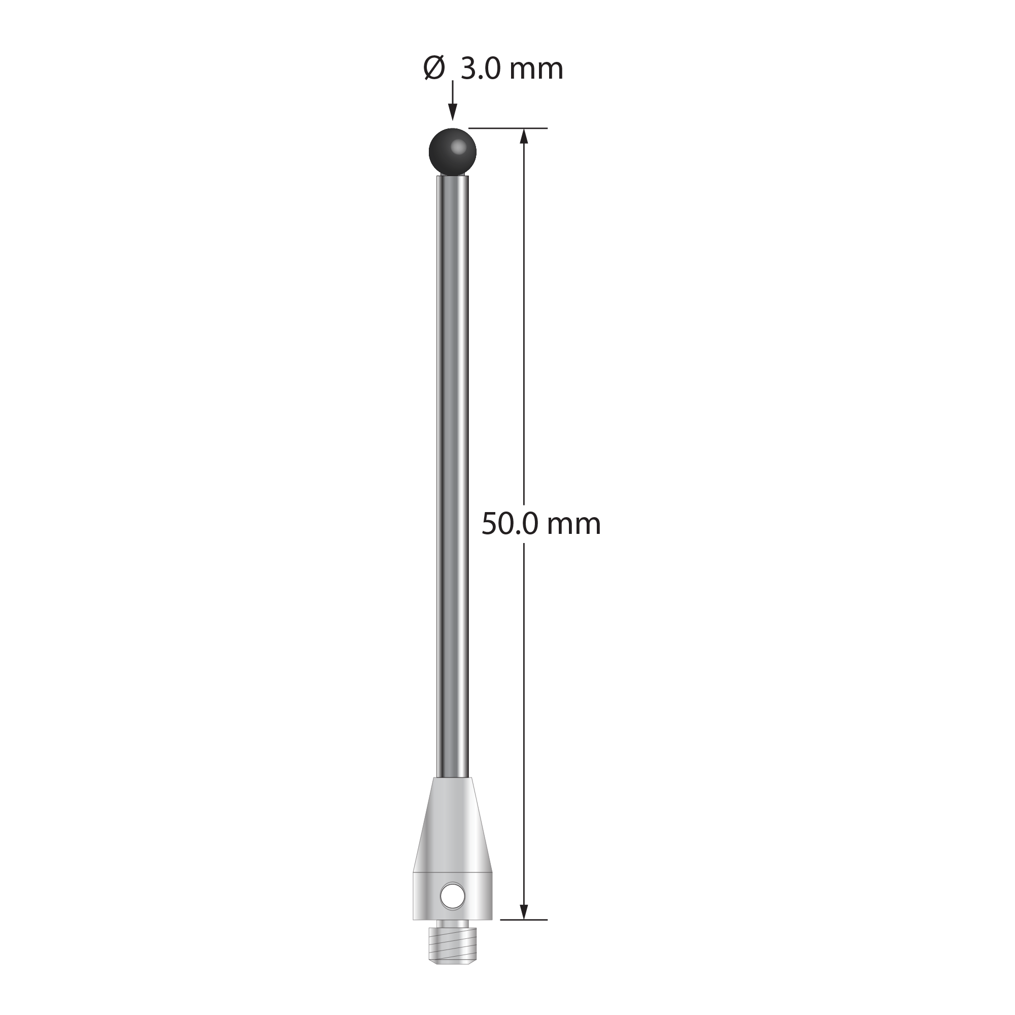 M3 XXT stylus with 3.0 mm diameter silicon nitride ball, 2.0 mm diameter carbide stem, and 5.0 mm diameter x 9.0 mm long titanium base. Overall stylus length is 50.0 mm. Stylus weight is 2.51 grams. Compare to Zeiss 626113-0302-050.