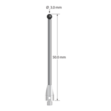 M3 XXT stylus with 3.0 mm diameter silicon nitride ball, 2.0 mm diameter carbide stem, and 5.0 mm diameter x 9.0 mm long titanium base. Overall stylus length is 50.0 mm. Stylus weight is 2.51 grams. Compare to Zeiss 626113-0302-050.
