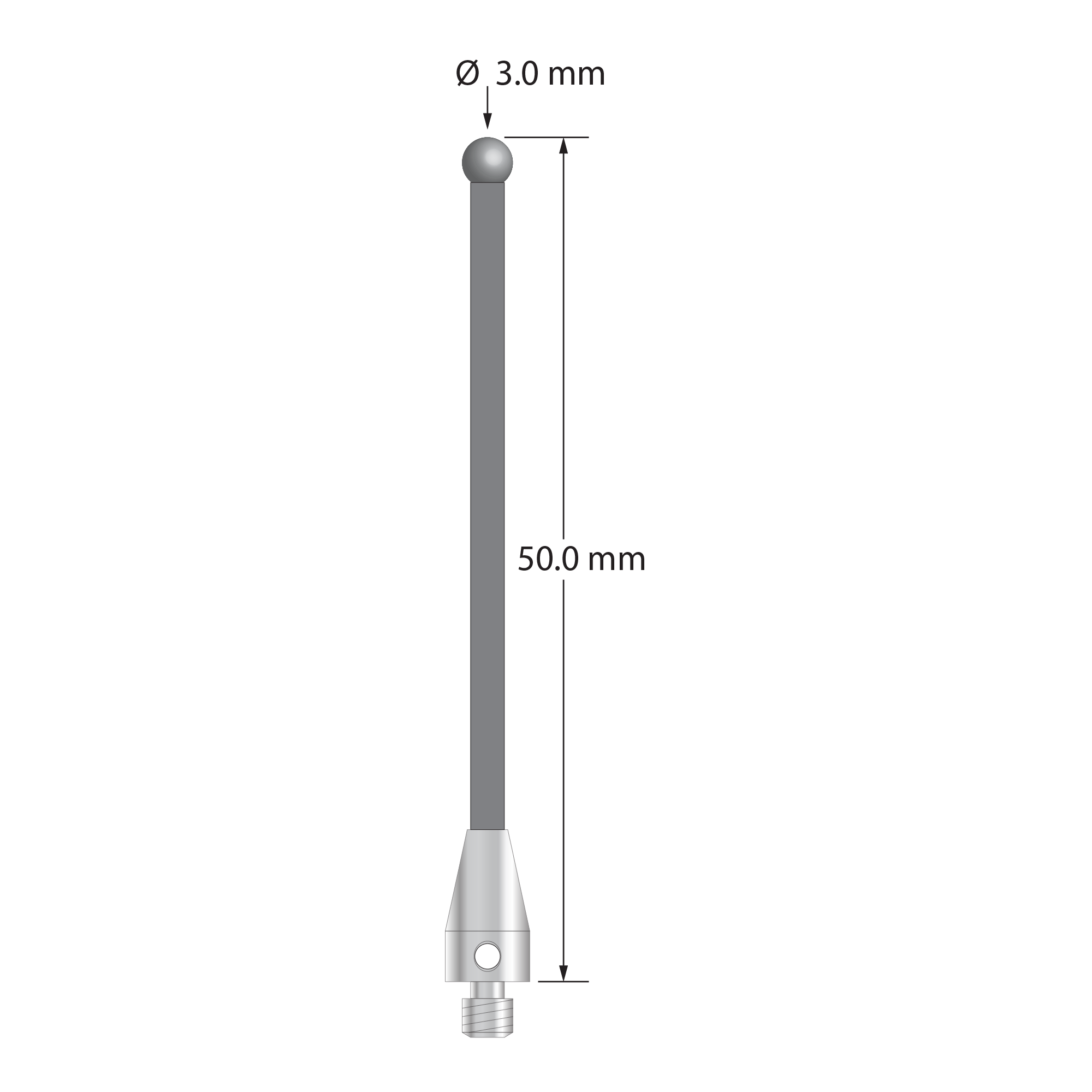 M3 XXT stylus with 3.0 mm diameter solid diamond sphere, 2.0 mm diameter carbon fiber stem, and 5.0 mm diameter x 9.0 mm long titanium base. Overall stylus length is 50.0 mm. Stylus weight is 0.69 gram. Compare to Zeiss 626103-0309-050.