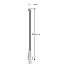 M3 XXT stylus with 3.0 mm diameter solid diamond sphere, 2.0 mm diameter carbon fiber stem, and 5.0 mm diameter x 9.0 mm long titanium base. Overall stylus length is 50.0 mm. Stylus weight is 0.69 gram. Compare to Zeiss 626103-0309-050.