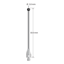 M3 XXT stylus with 3.0 mm diameter silicon nitride ball, 1.5 mm diameter carbide stem, and 5.0 mm diameter x 9.0 mm long titanium base. Overall stylus length is 50.0 mm. Stylus weight is 1.53 grams.