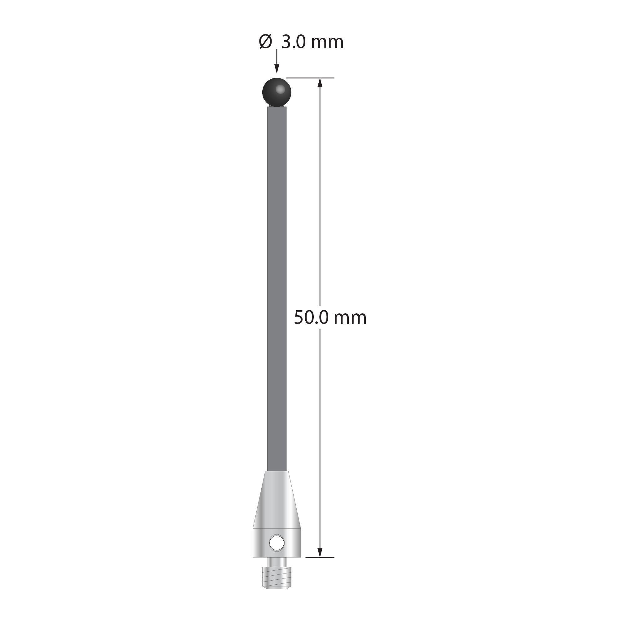 M3 XXT stylus with 3.0 mm diameter silicon nitride ball, 2.0 mm diameter carbon fiber stem, and 5.0 mm diameter x 9.0 mm long titanium base. Overall stylus length is 50.0 mm. Stylus weight is 0.69 gram. Compare to Zeiss 626103-0301-050.