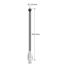 M3 XXT stylus with 3.0 mm diameter silicon nitride ball, 2.0 mm diameter carbon fiber stem, and 5.0 mm diameter x 9.0 mm long titanium base. Overall stylus length is 50.0 mm. Stylus weight is 0.69 gram. Compare to Zeiss 626103-0301-050.