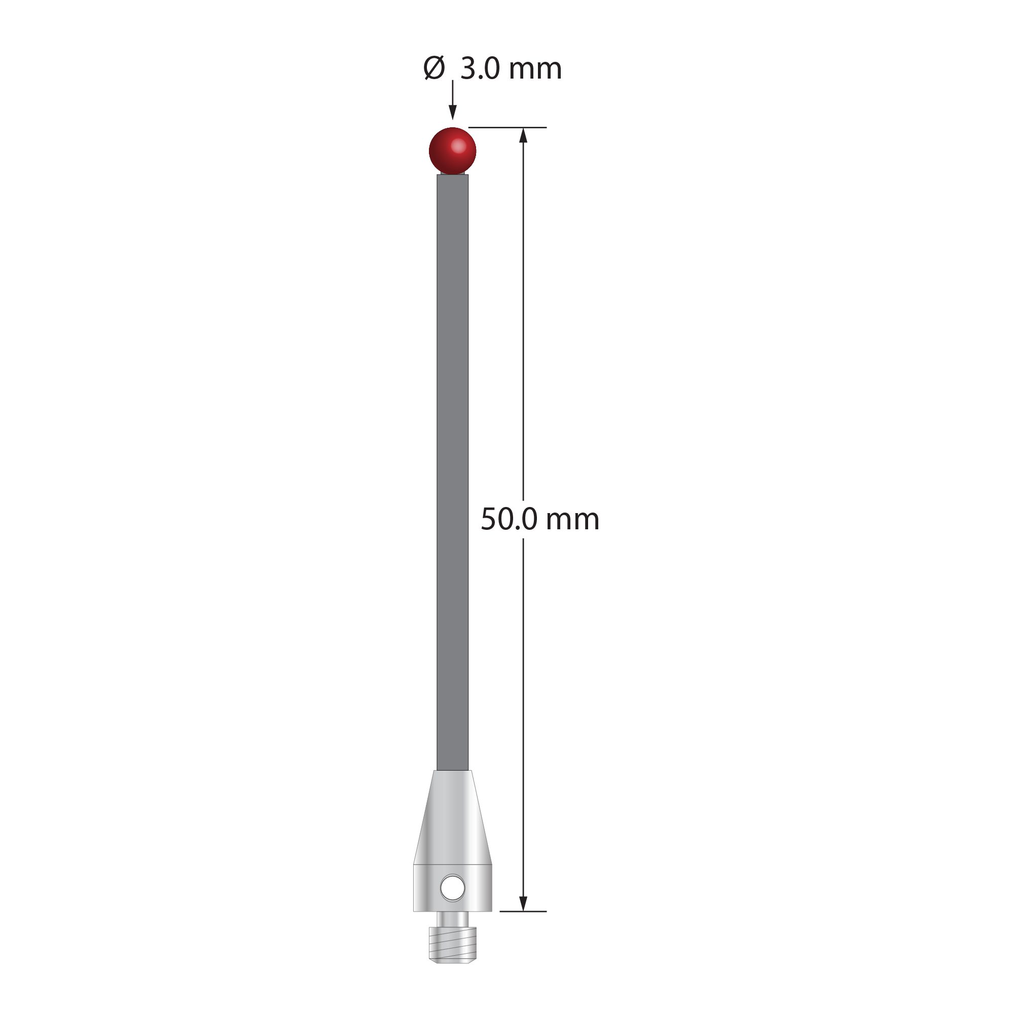 M3 XXT stylus with 3.0 mm diameter ruby ball, 2.0 mm diameter carbon fiber stem, and 5.0 mm diameter x 9.0 mm long titanium base. Overall stylus length is 50.0 mm. Stylus weight is 0.69 gram. Compare to Zeiss 626103-0300-050 and Renishaw A-5004-0803.