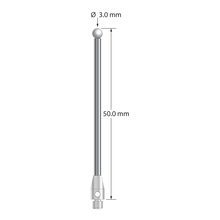 M3 stylus with 3.0 mm zirconia ball, 2.0 mm diameter carbide shaft, and 4.0 mm diameter x 7.0 mm long stainless steel base. Overall stylus length is 50.0 mm. Stylus weight is 2.58 grams.