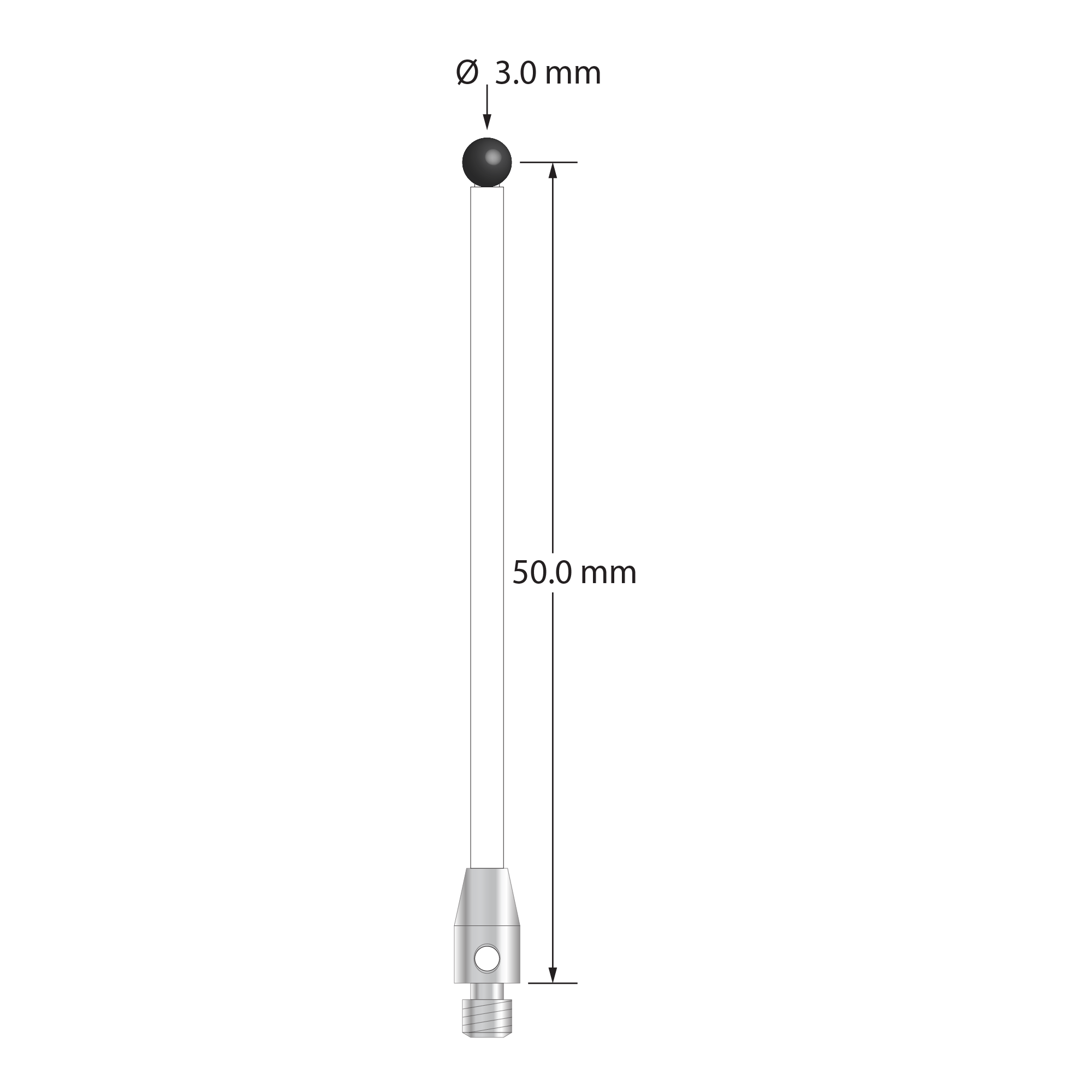 M3 stylus with 3.0 mm diameter silicon nitride ball, 2.0 mm diameter ceramic stem, and 4.0 mm diameter x 7.0 mm long stainless steel base. Stylus length to ball center is 50.0 mm. Stylus weight is 1.34 grams.