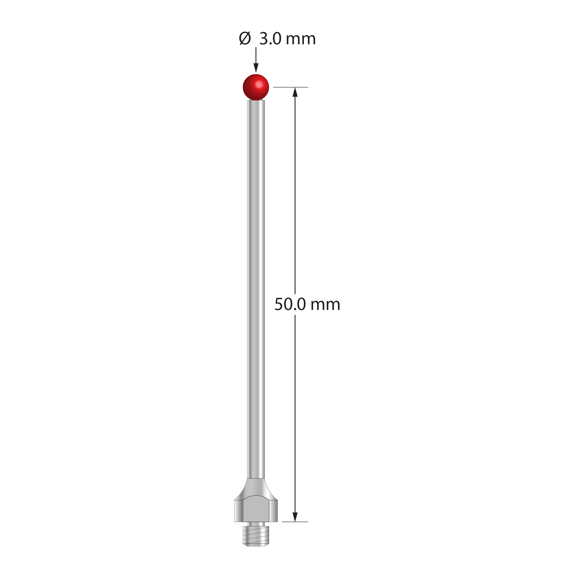 M3 Hexagon compatible stylus with 3.0 mm diameter ruby ball, 2.0 mm diameter stainless steel stem, and 5.0 mm diameter base with 4.0 mm wrench flats for tightening. Stylus length to ball center is 50.0 mm. Compare to Hexagon M00-694-220-000.