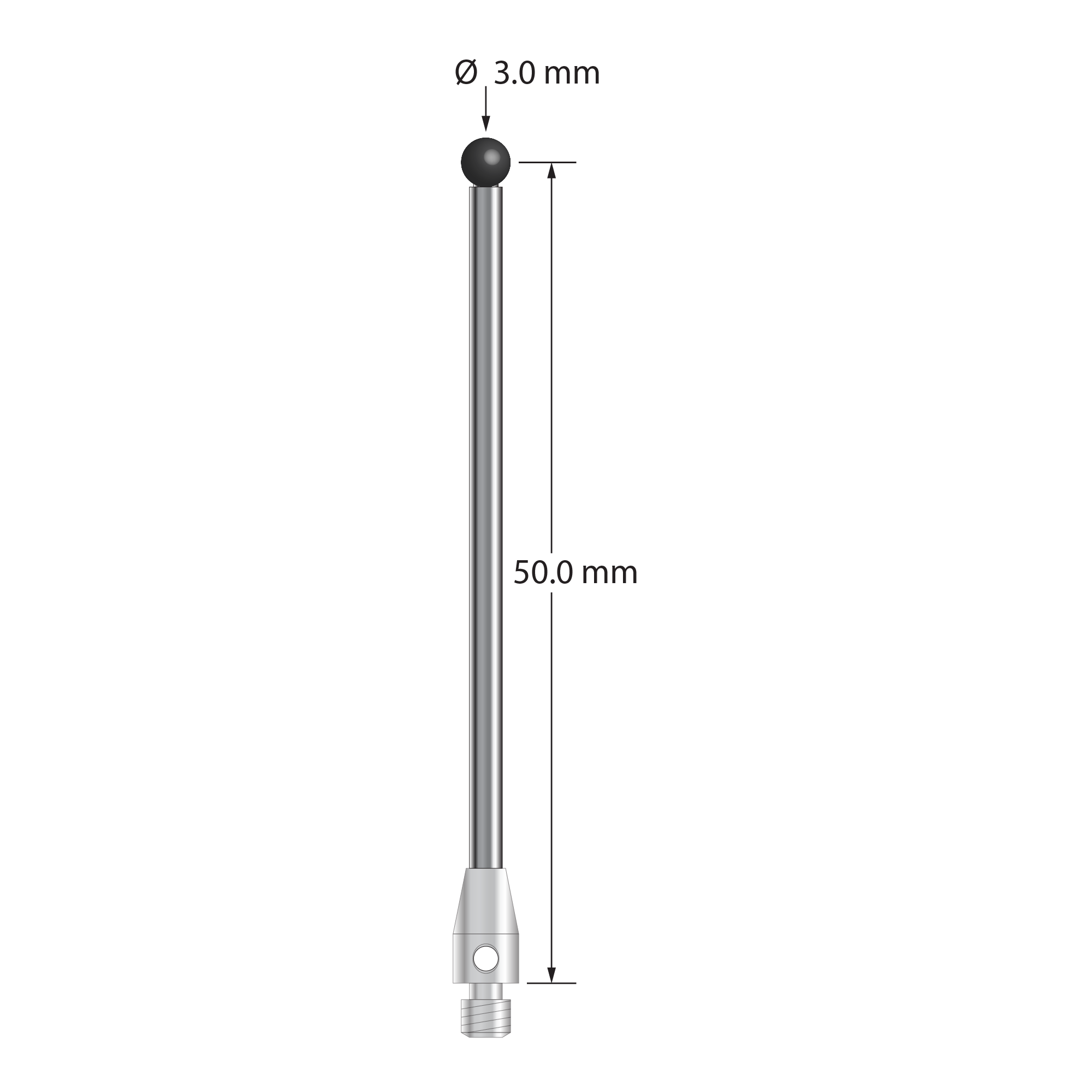 M3 stylus with 3.0 mm diameter silicon nitride ball, 2.0 mm diameter carbide stem, and 4.0 mm diameter x 7.0 mm long stainless steel base. Stylus length to ball center is 50.0 mm. Stylus weight is 2.65 grams. Compare to Renishaw A-5004-1199.