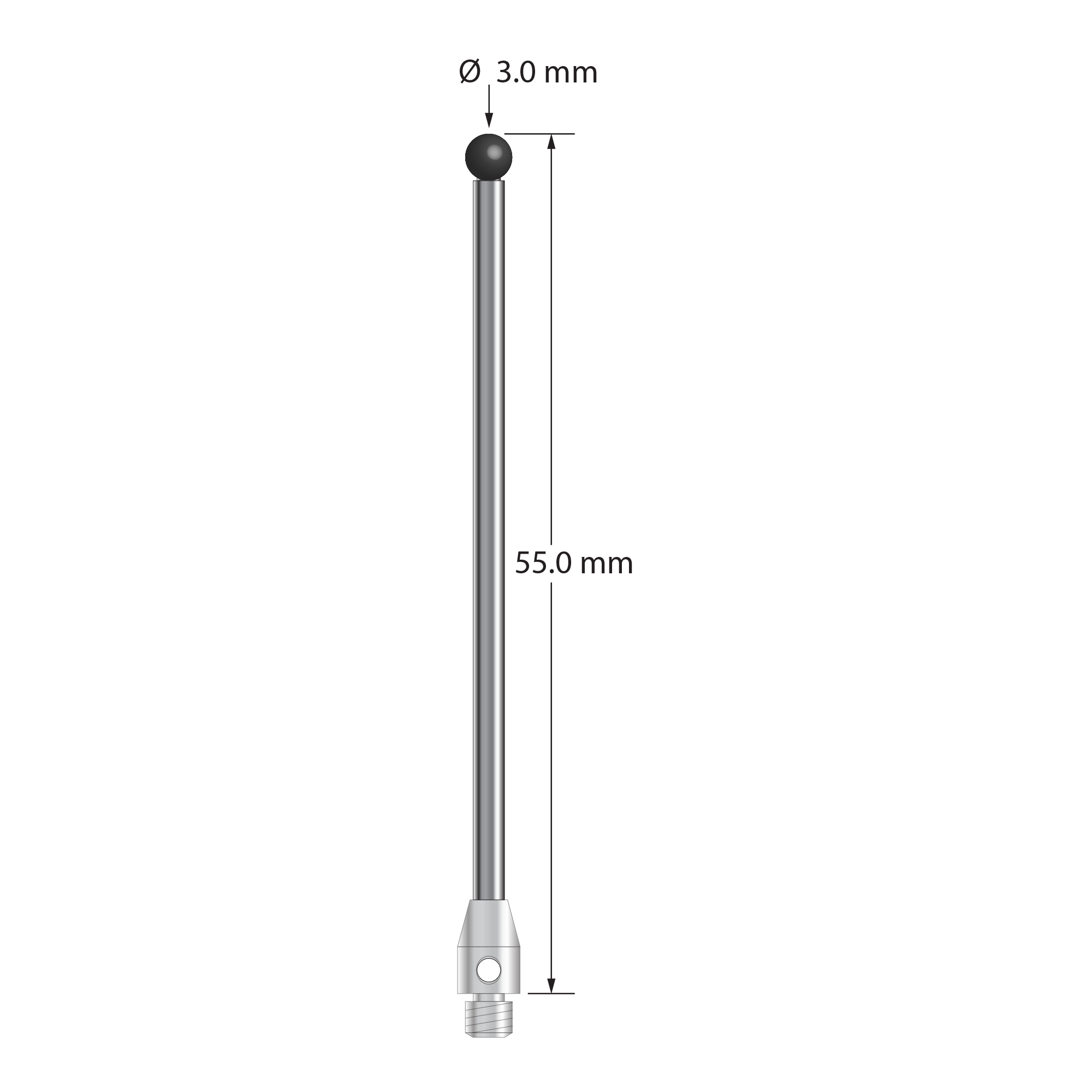 M3 stylus with 3.0 mm diameter silicon nitride ball, 2.0 mm diameter carbide shaft, and 4.0 mm diameter x 6.0 mm long stainless steel base. Overall stylus length is 50.0 mm. Stylus weight is 2.80 grams.