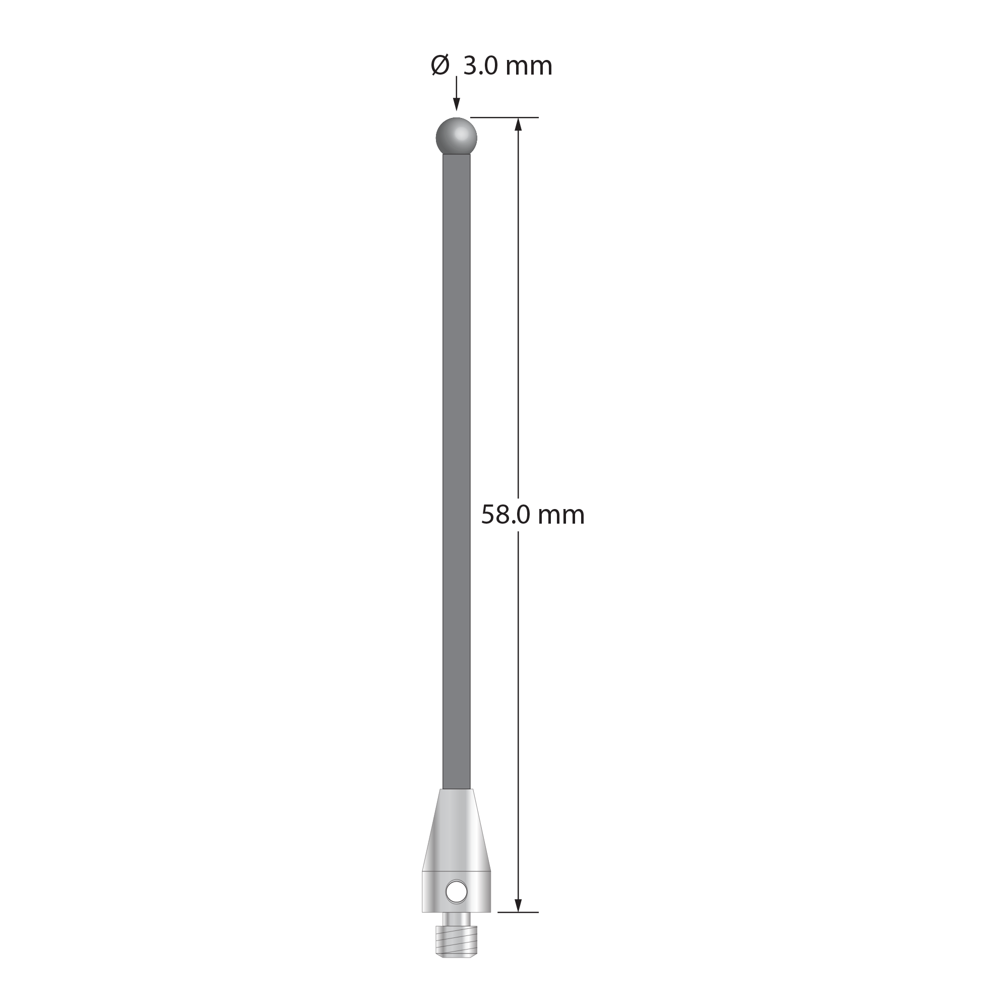 M3 XXT stylus with 3.0 mm diameter solid diamond sphere, 2.0 mm diameter carbon fiber stem, and 5.0 mm diameter x 9.0 mm long titanium base. Overall stylus length is 58.0 mm. Stylus weight is 0.72 gram.