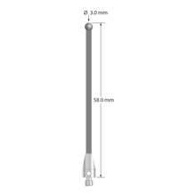 M3 XXT stylus with 3.0 mm diameter solid diamond sphere, 2.0 mm diameter carbon fiber stem, and 5.0 mm diameter x 9.0 mm long titanium base. Overall stylus length is 58.0 mm. Stylus weight is 0.72 gram.
