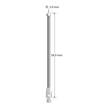 M3 stylus with 3.0 mm diameter zirconia ball, 2.0 mm diameter carbide shaft, and 4.0 mm diameter x 7.0 mm long stainless steel base. Overall stylus length is 58.0 mm. Stylus weight is 2.93 grams.