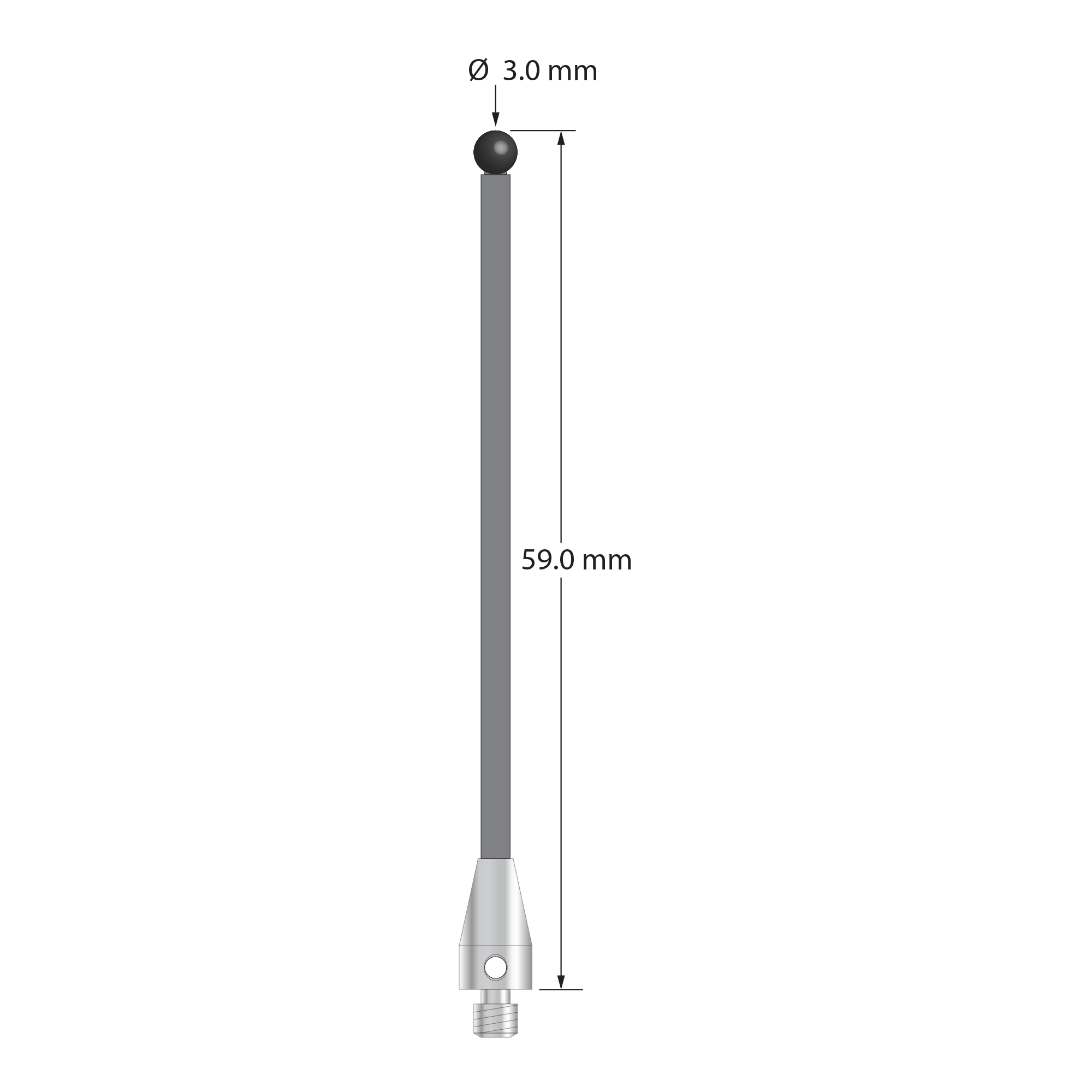 M3 XXT stylus with 3.0 mm diameter silicon nitride ball, 2.0 mm carbon fiber stem, and 5.0 mm diameter x 9.0 mm long titanium base. Overall stylus length is 59.0 mm. Stylus weight is 0.72 gram.