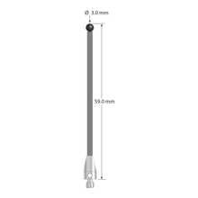 M3 XXT stylus with 3.0 mm diameter silicon nitride ball, 2.0 mm carbon fiber stem, and 5.0 mm diameter x 9.0 mm long titanium base. Overall stylus length is 59.0 mm. Stylus weight is 0.72 gram.