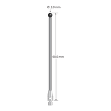 M3 stylus with 3.0 mm diameter silicon nitride ball, 2.0 mm diameter carbide shaft, and 4.0 mm diameter x 7.0 mm long stainless steel base. Overall stylus length is 60.0 mm. Stylus weight is 3.02 grams.