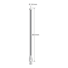 M3 stylus with 3.0 mm diameter zirconia ball, 2.0 mm diameter carbide shaft, and 4.0 mm diameter x 7.0 mm long stainless steel base. Overall stylus length is 60.0 mm. Stylus weight is 3.02 grams.