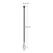 M3 XXT stylus with 3.0 mm diameter silicon nitride ball, 2.0 mm diameter carbon fiber stem, and 5.0 mm diameter x 9.0 mm long titanium base. Overall stylus length is 65.0 mm. Stylus weight is 0.76 gram. Compare to Zeiss 626103-0301-065.
