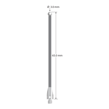 M3 XXT stylus with 3.0 mm diameter zirconia ball, 2.0 mm diameter carbon fiber stem, and 5.0 mm diameter x 9.0 mm long titanium base. Overall stylus length is 65.0 mm. Stylus weight is 0.76 gram.