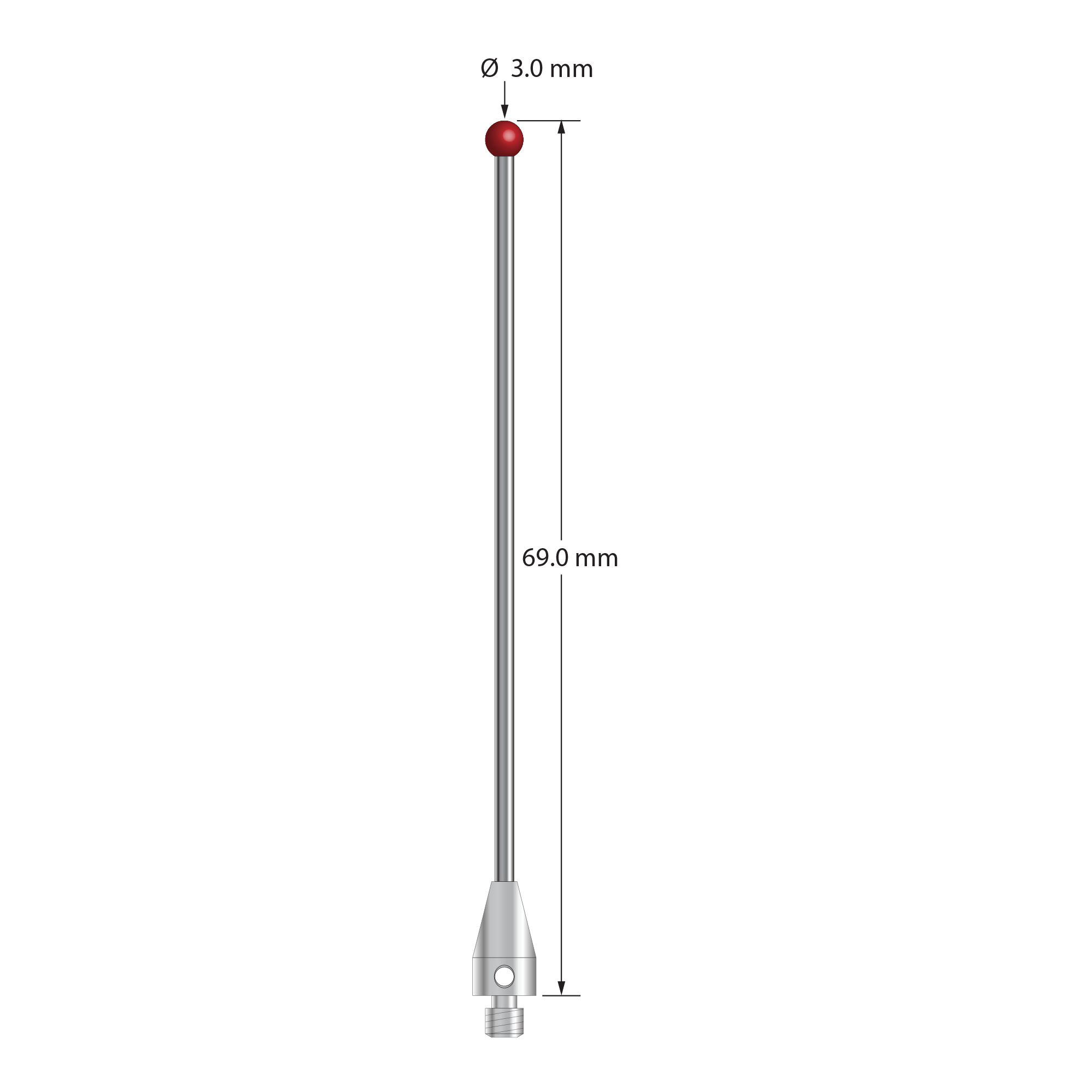 TM3-3069-TX-DS1.5 M3 ruby ball stylus with carbide stem and titanium base, 69mm long, by Q-Mark Manufacturing, Inc.