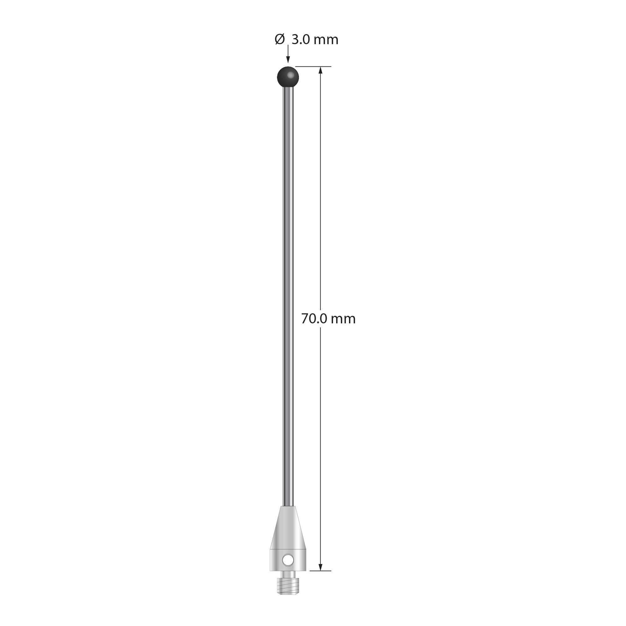 M3 XXT stylus with 3.0 mm diameter silicon nitride ball, 1.5 mm diameter carbide stem, and 5.0 mm diameter x 9.0 mm long titanium base. Overall stylus length is 70.0 mm. Stylus weight is 2.04 grams.