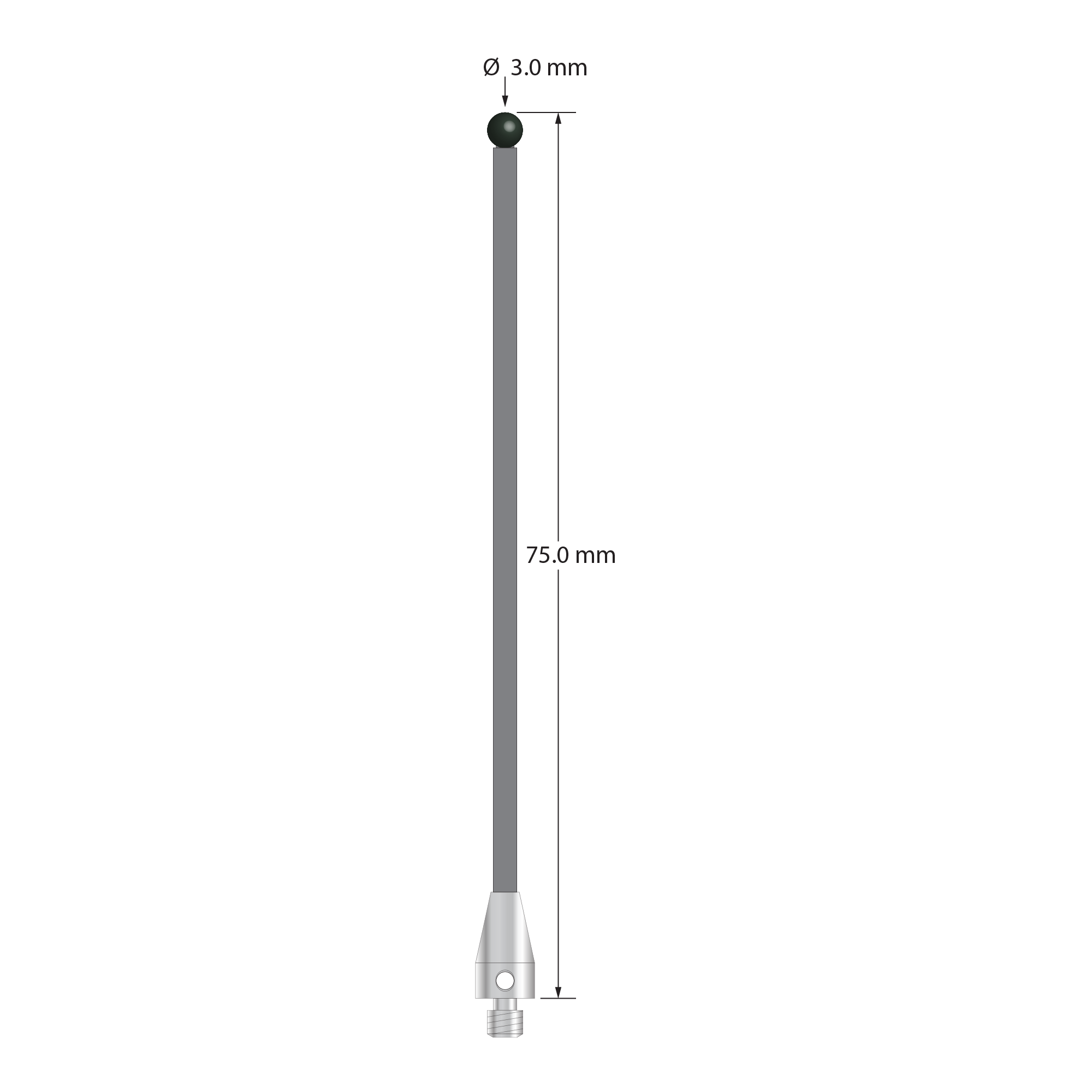 M3 XXT stylus with 3.0 mm diameter silicon nitride ball, 2.0 mm diameter carbon fiber stem, and 5.0 mm diameter x 9.0 mm long titanium base. Overall stylus length is 75.0 mm. Stylus weight is 0.80 gram. Compare to Zeiss 626103-0301-075.
