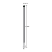 M3 XXT stylus with 3.0 mm diameter silicon nitride ball, 2.0 mm diameter carbon fiber stem, and 5.0 mm diameter x 9.0 mm long titanium base. Overall stylus length is 75.0 mm. Stylus weight is 0.80 gram. Compare to Zeiss 626103-0301-075.