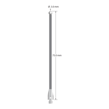 M3 XXT stylus with 3.0 mm diameter zirconia ball, 2.0 mm diameter carbon fiber stem, and 5.0 mm diameter x 9.0 mm long titanium base. Overall stylus length is 75.0 mm. Stylus weight is 0.80 gram.