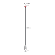 M3 XXT stylus with 3.0 mm diameter ruby ball, 2.0 mm diameter carbon fiber stem, and 5.0 mm diameter x 9.0 mm long titanium base. Overall stylus length is 75.0 mm. Stylus weight is 0.80 gram. Compare to Zeiss 626103-0300-075 and Renishaw A-5555-3862.