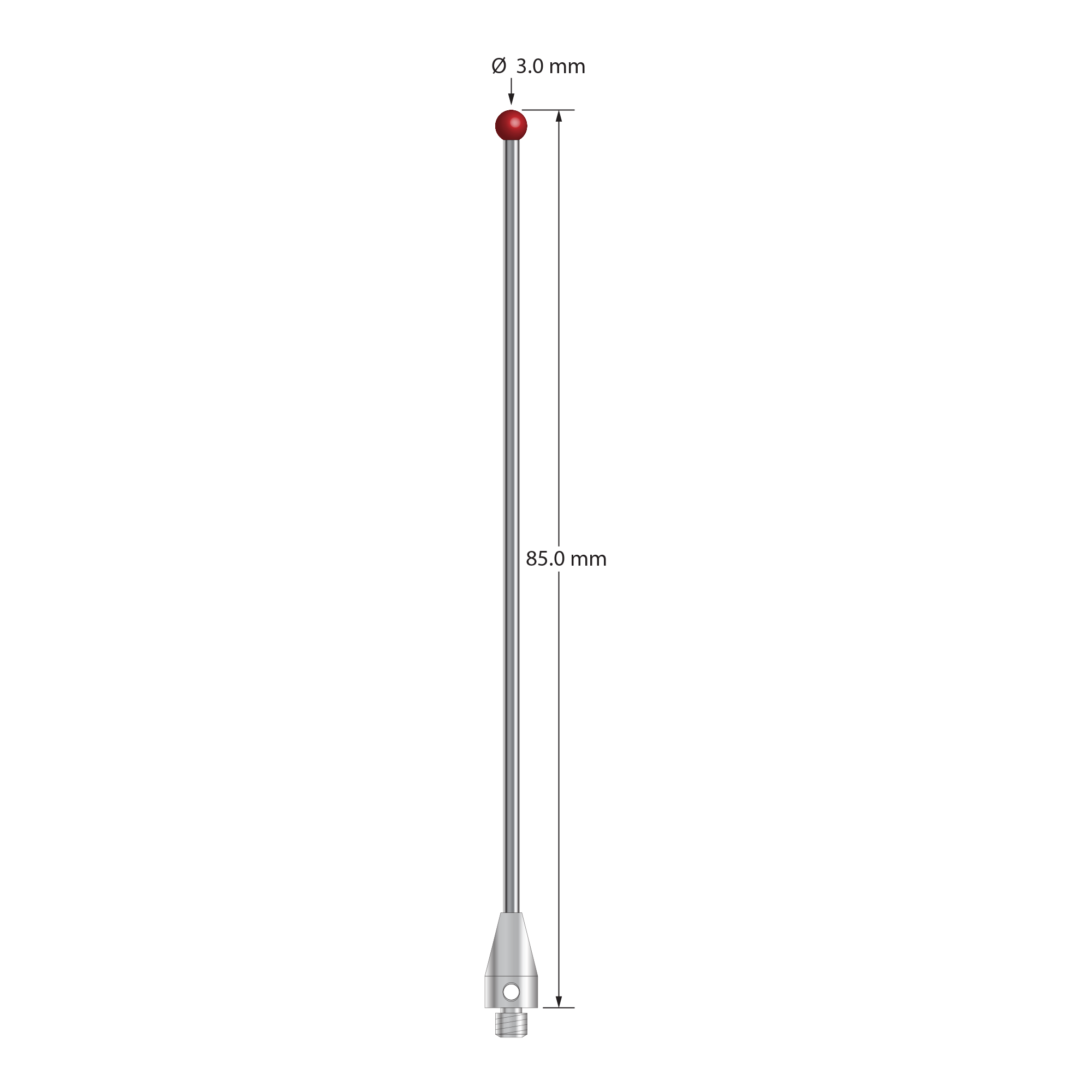 M3 XXT stylus with 3.0 mm diameter ruby ball, 1.5 mm diameter carbide stem, and 5.0 mm diameter x 9.0 mm long titanium base. Overall stylus length is 85.0 mm. Stylus weight is 2.33 grams. Compare to Zeiss 626113-0300-085.