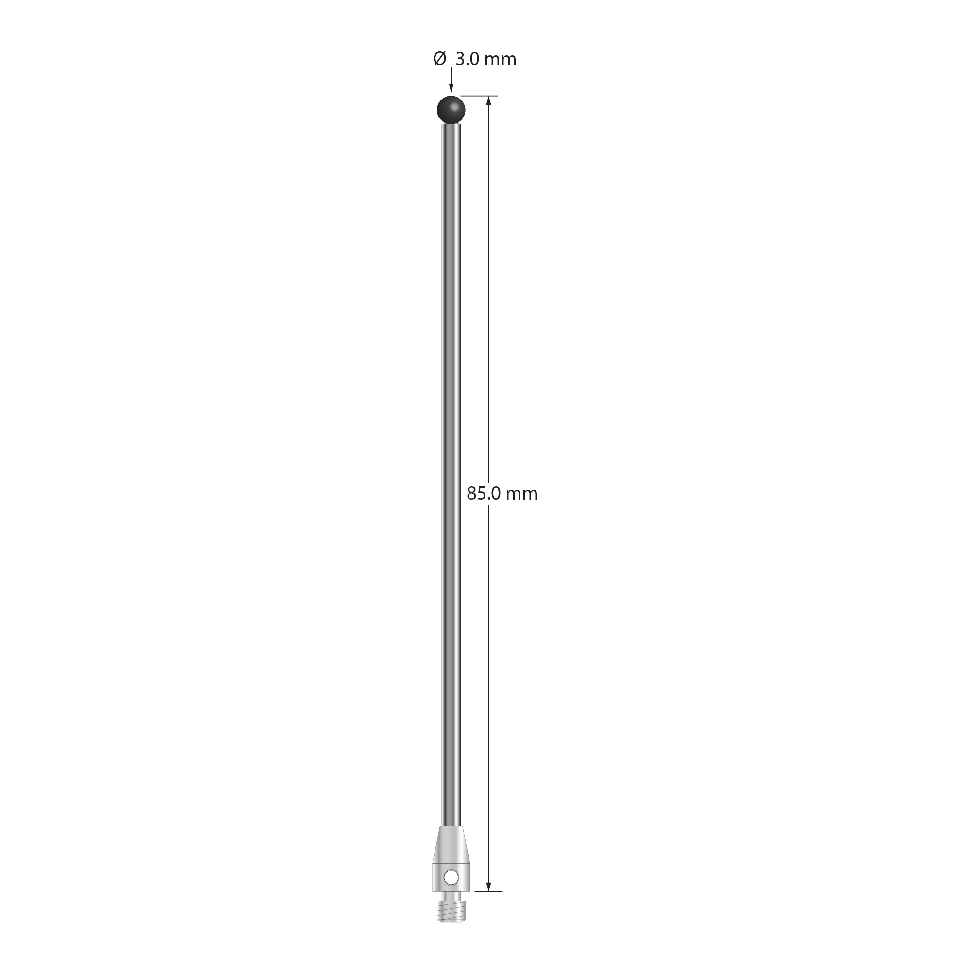 M3 stylus with 3.0 mm diameter silicon nitride ball, 2.0 mm diameter carbide shaft, and 4.0 mm diameter x 7.0 mm long stainless steel base. Overall stylus length is 85.0 mm. Stylus weight is 4.12 grams.